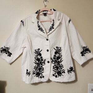 Multiples Blazer Womens White Black Embroidered Floral 3/4 Sleeve Boho 2X